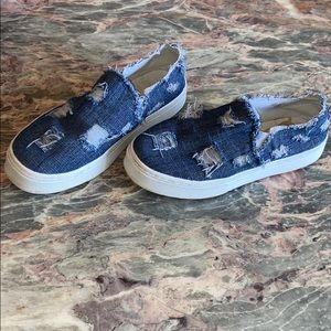 Edelman patchy blue jean platform shoes